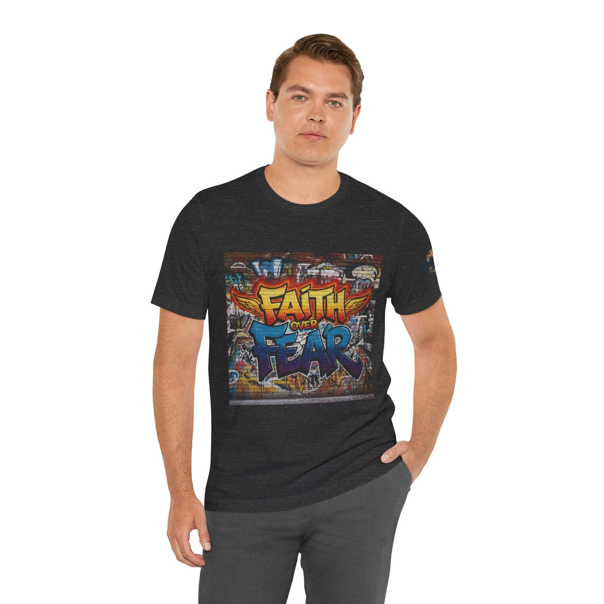 Faith Over Fear T-shirt – Graffiti Wall Christian T-shirt for Bold 2 Corinthians 5:7 Streetwear & Unshakable Faith Printify