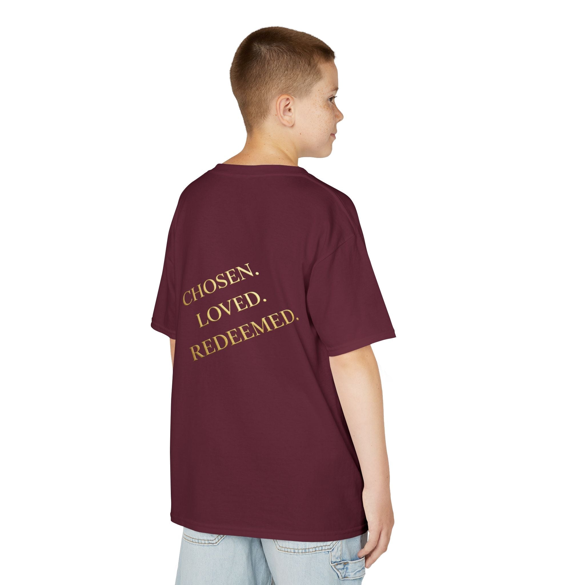 ✨ Chosen. Loved. Redeemed. – Elegant Christian Kids T-Shirt | Gold Foil Faith Tee | Subtle Cross & Heart Design | Inspirational Bible Verse Apparel by Uplifted Gear Printify