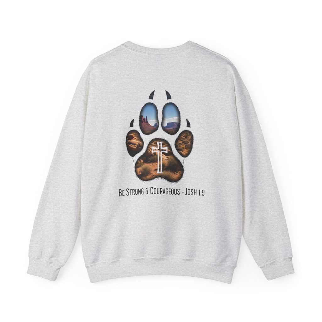 Strong and Courageous Sweatshirt – Joshua 1:9 Canine Pawprint Desert Christian Sweatshirt for Dog Lovers Printify