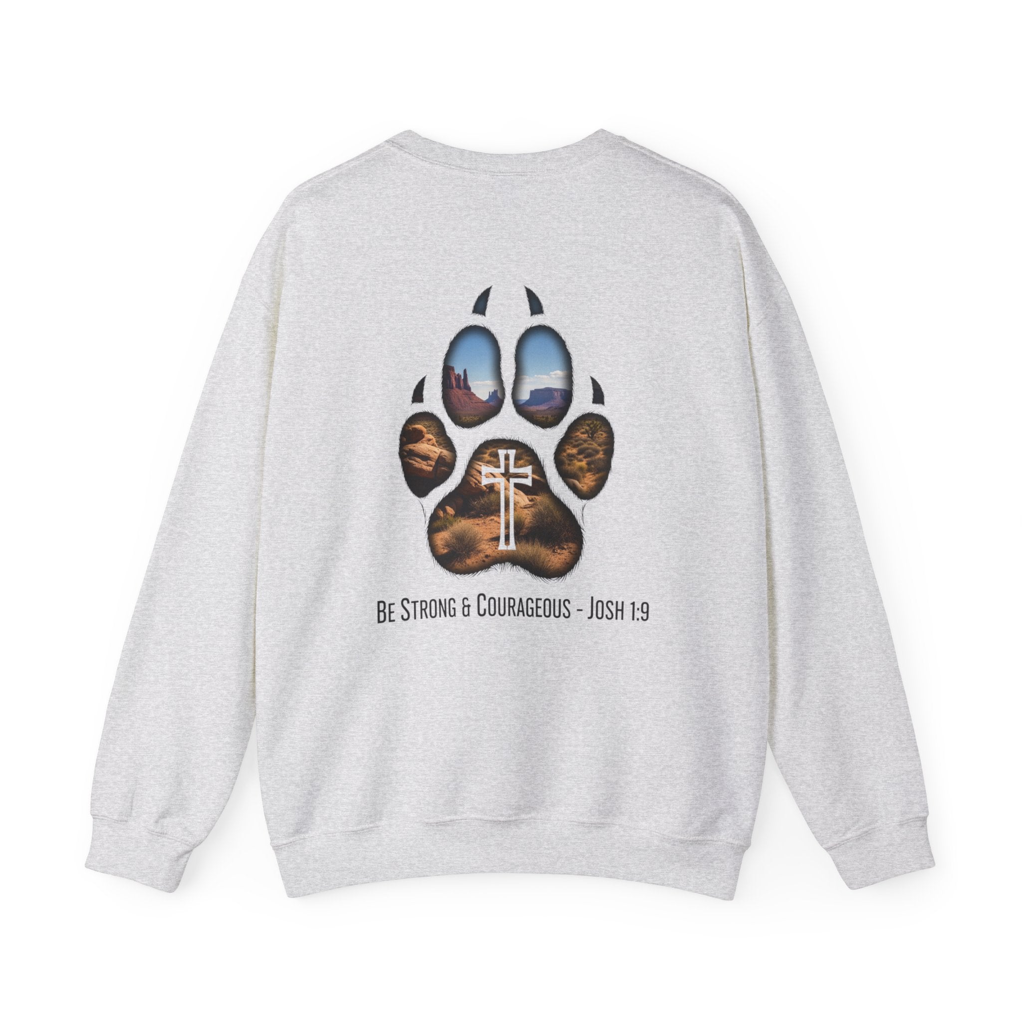 Strong and Courageous Sweatshirt – Joshua 1:9 Canine Pawprint Desert Christian Sweatshirt for Dog Lovers Printify