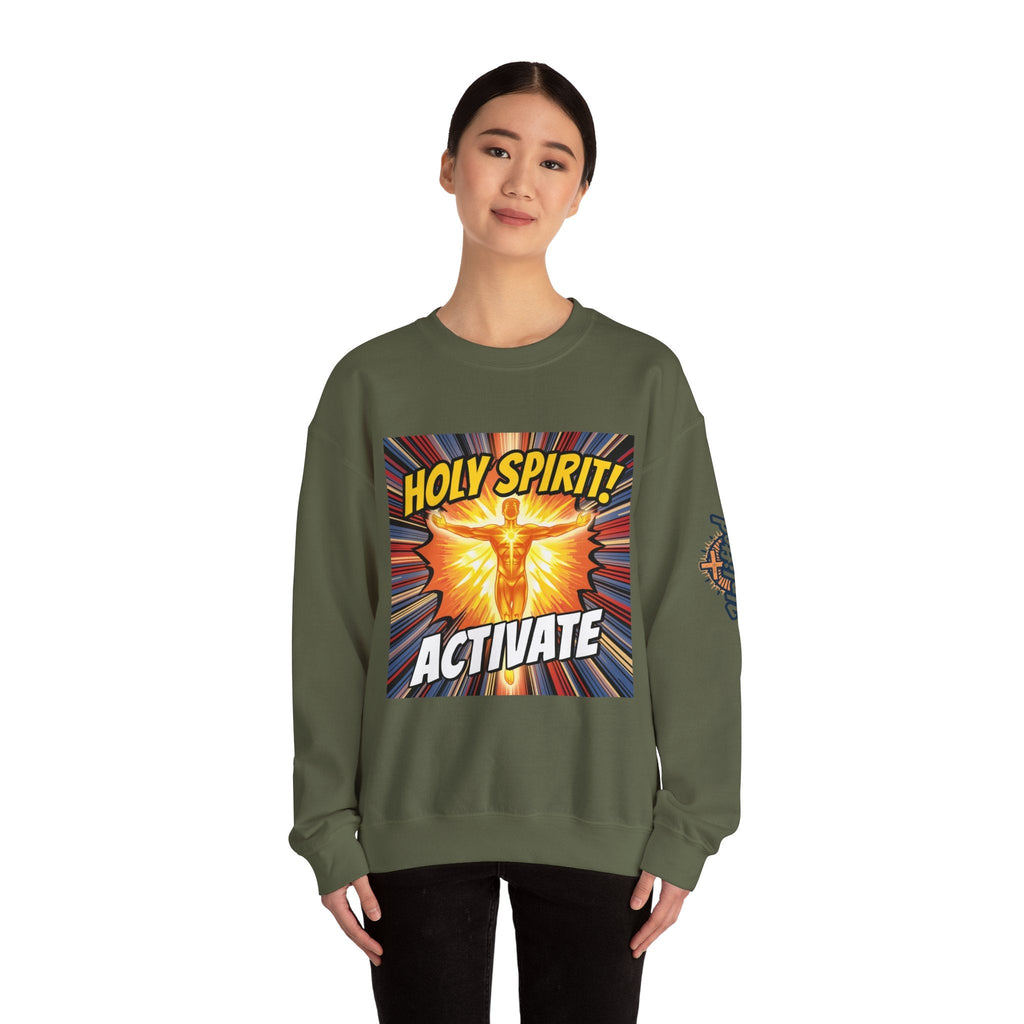 Holy Spirit Activate Sweatshirt – Superhero Christian Sweatshirt with Vibrant Power-Up Design for Faith-Fueled Boldness Printify