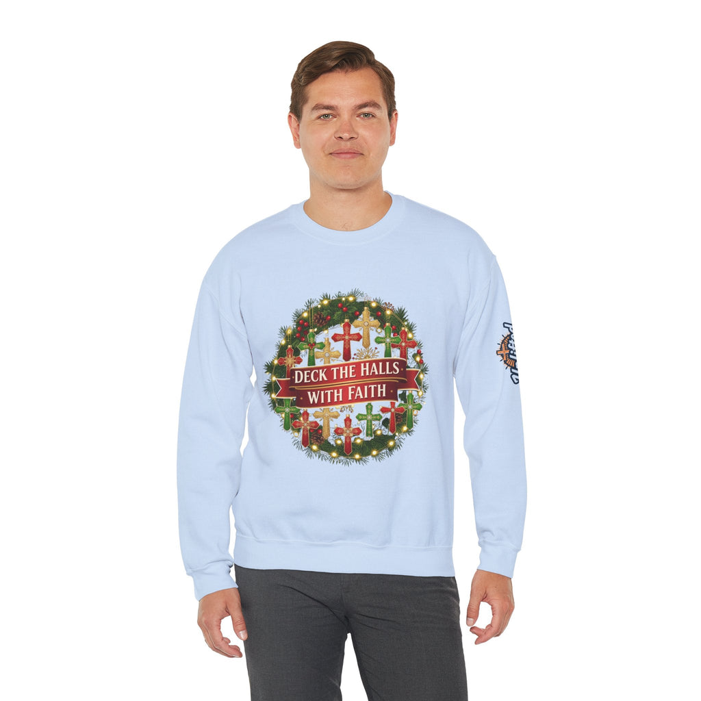🎄 Deck the Halls with Faith – Christian Christmas Sweatshirt | Cross Ornament Design & Festive Garland | Bold Holiday Faith Tee by Uplifted Gear Printify