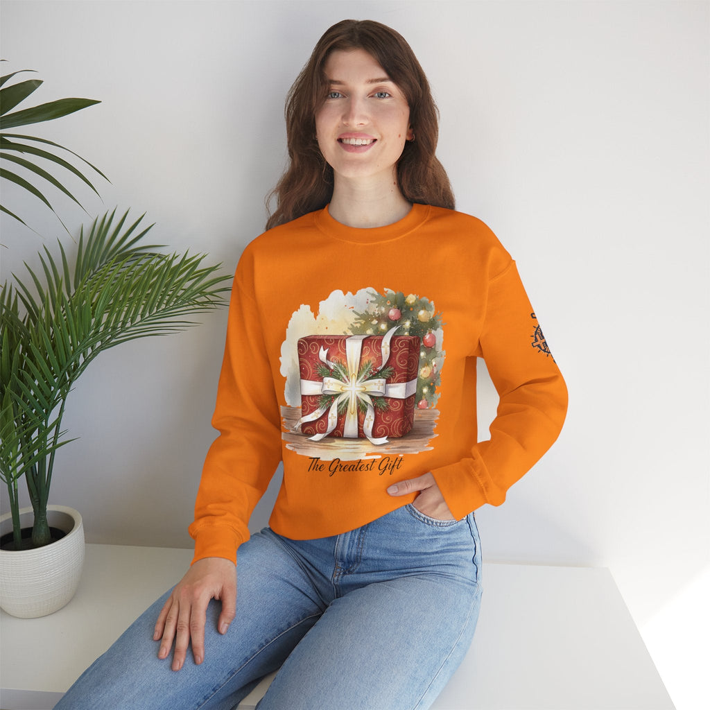 The Greatest Gift Sweatshirt – Cross Bow Present Christian Sweatshirt for Christmas Salvation & Eternal Faith Printify