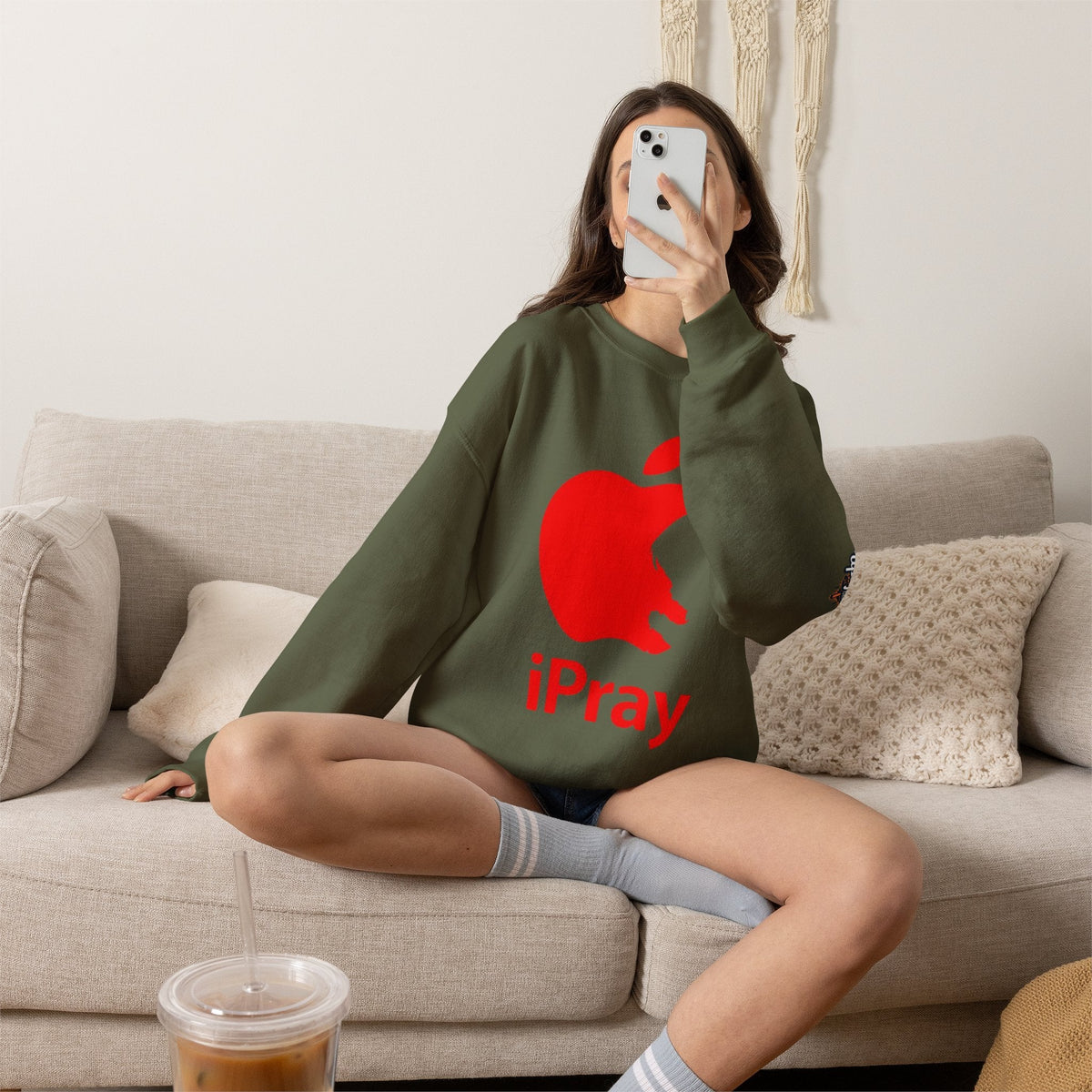 iPray Apple Logo Sweatshirt — Funny Christian Sweatshirt (Minimal Red Apple Graphic) Printify
