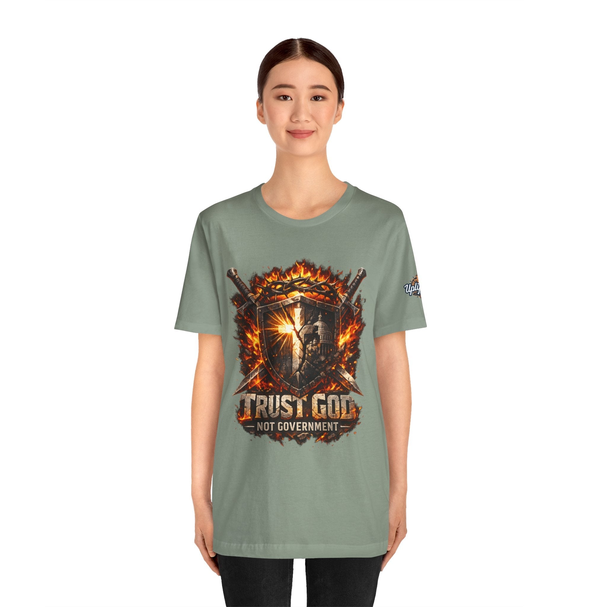 Trust God Not Government Shield Tee — Patriotic Christian Faith T-Shirt Printify