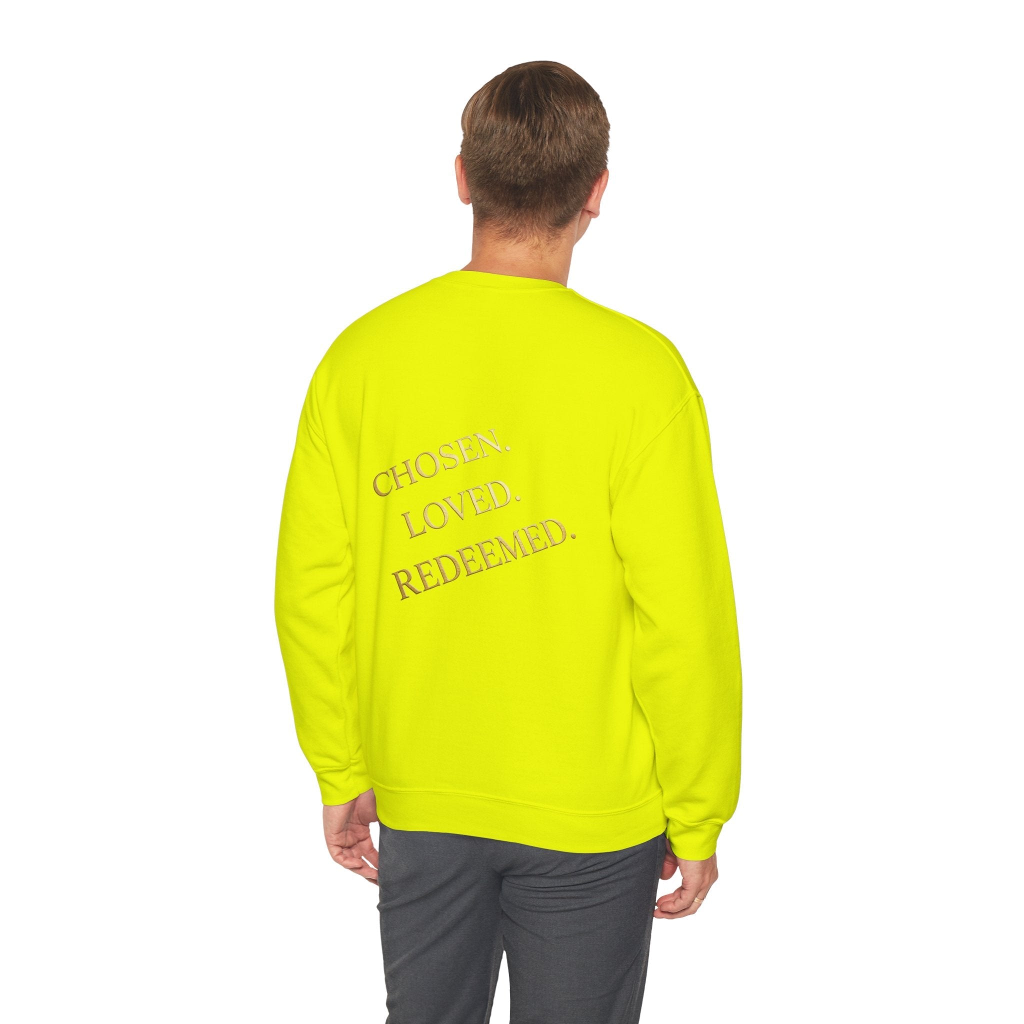 ✨ Chosen. Loved. Redeemed. – Elegant Christian Sweatshirt | Gold Foil Faith Tee | Subtle Cross & Heart Design | Inspirational Bible Verse Apparel by Uplifted Gear Printify