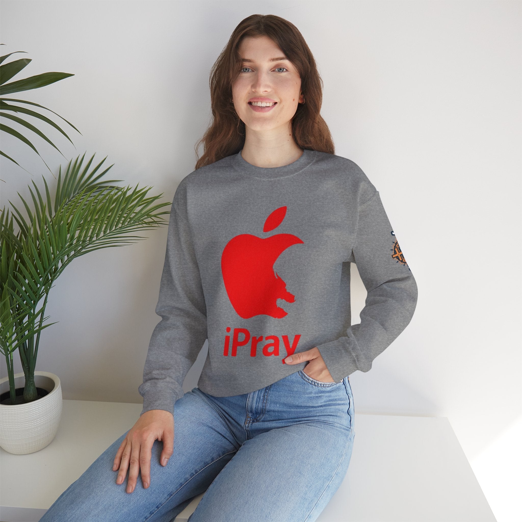 iPray Apple Logo Sweatshirt — Funny Christian Sweatshirt (Minimal Red Apple Graphic) Printify