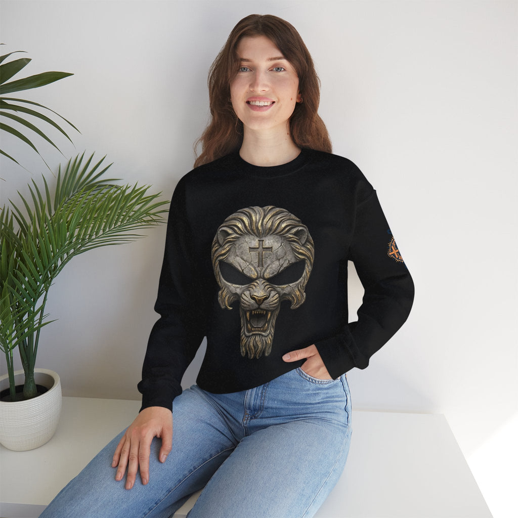 Lion of Judah Skull Christian Sweatshirt - Warrior Faith Cross Sweatshirt Printify