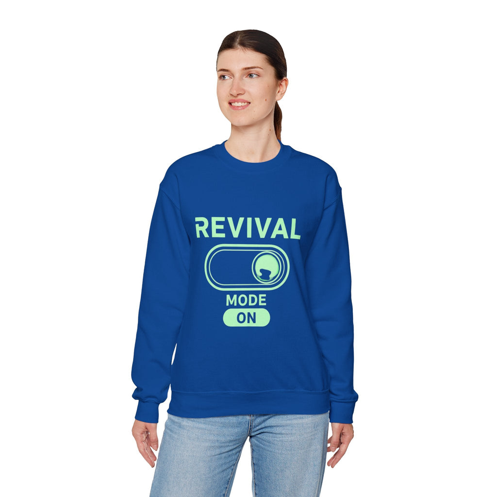🔥 Revival Mode: ON – Christian Techwear Sweatshirt | Glowing Green Faith Switch | Futuristic Jesus Shirt | Activate Your Spiritual Awakening | Uplifted Gear Printify