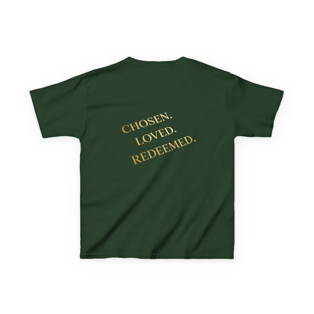 ✨ Chosen. Loved. Redeemed. – Elegant Christian Kids T-Shirt | Gold Foil Faith Tee | Subtle Cross & Heart Design | Inspirational Bible Verse Apparel by Uplifted Gear Printify