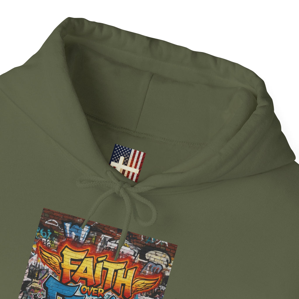 Faith Over Fear Hoodie – Graffiti Wall Christian Sweatshirt for Bold 2 Corinthians 5:7 Streetwear & Unshakable Faith Printify