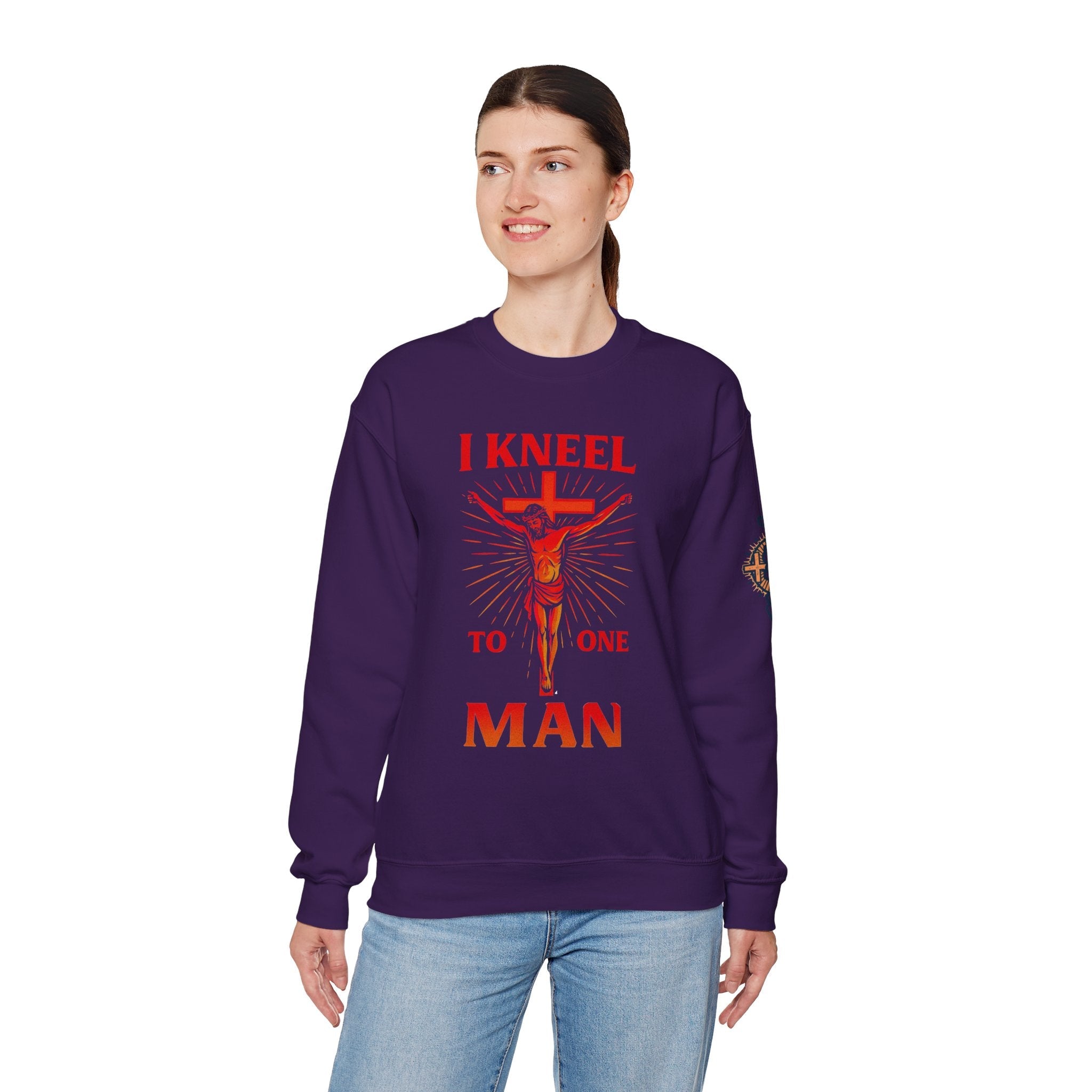 I Kneel to One Man Sweatshirt – Crucifixion Christian Sweatshirt for Unashamed Devotion & Bold Faith Printify