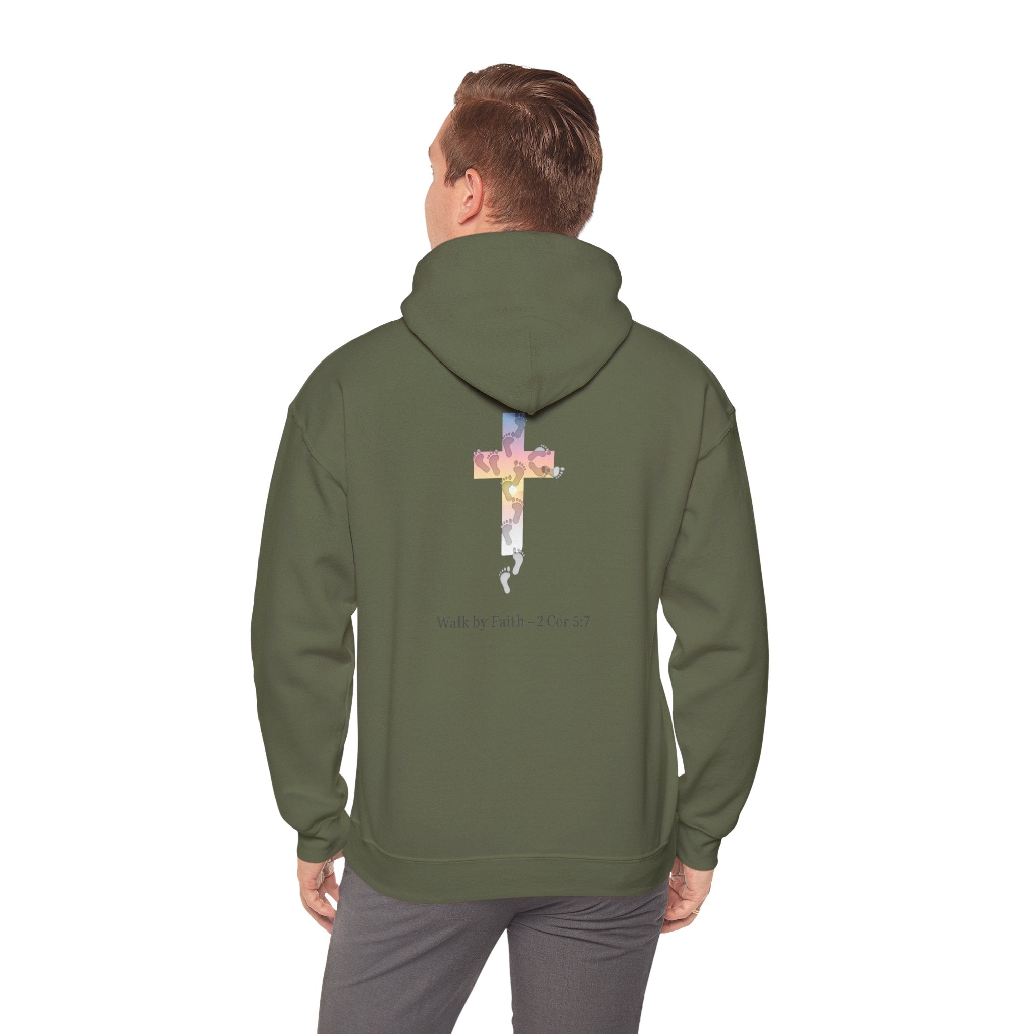 Walk by Faith Hoodie – Cross & Footprints Christian Hoodie for Cozy Inspiration Printify