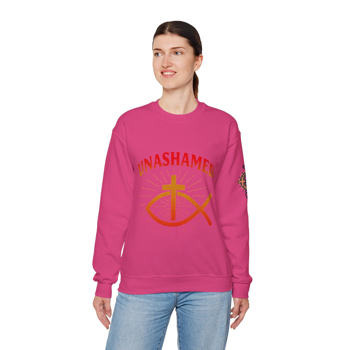 Unashamed Sweatshirt – Ichthys Jesus Fish & Cross Christian Sweatshirt for Romans 1:16 Bold Faith Printify