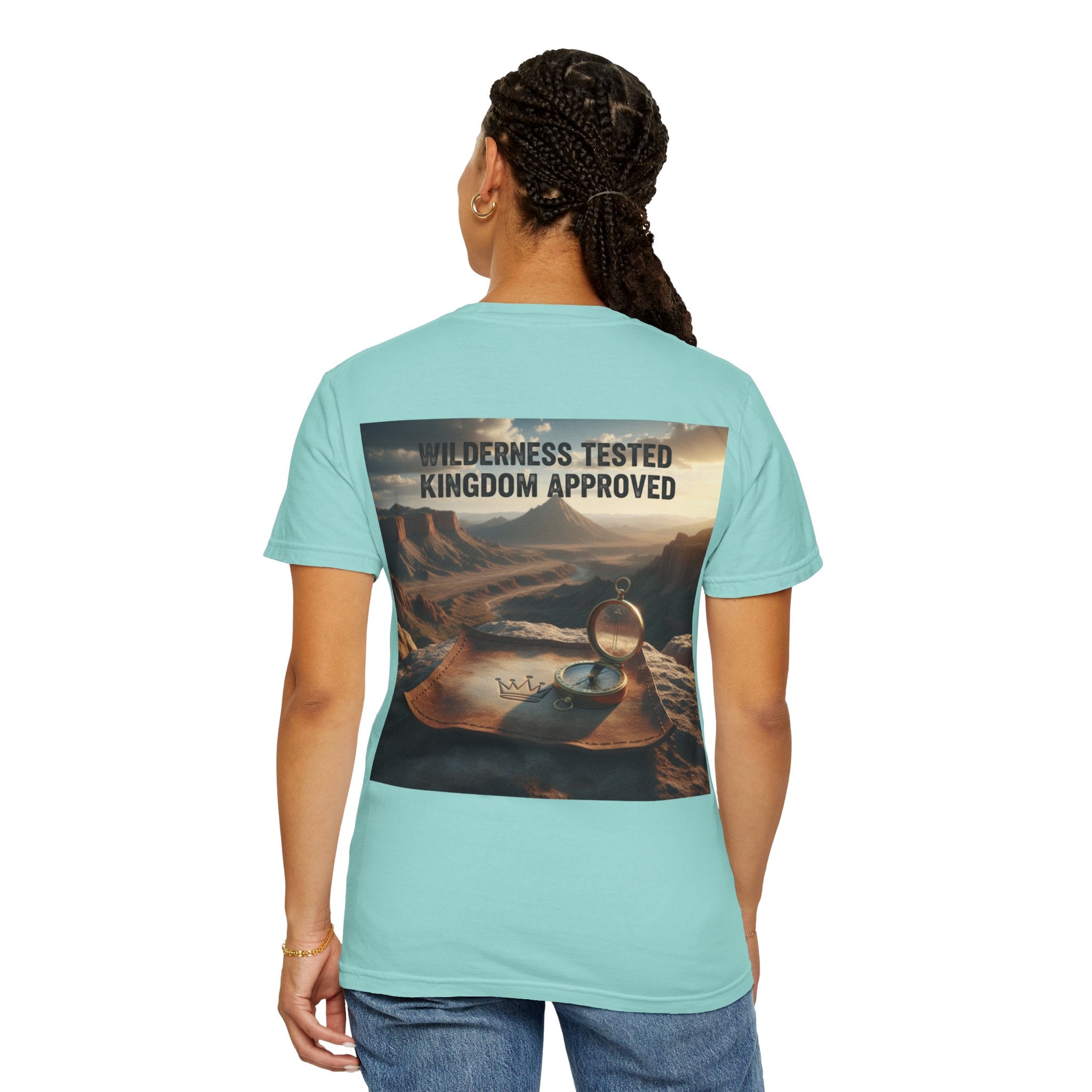 Wilderness Tested Kingdom Approved T-shirt – Mountain Desert Compass Crown Christian T-shirt for Biblical Adventure Faith Printify