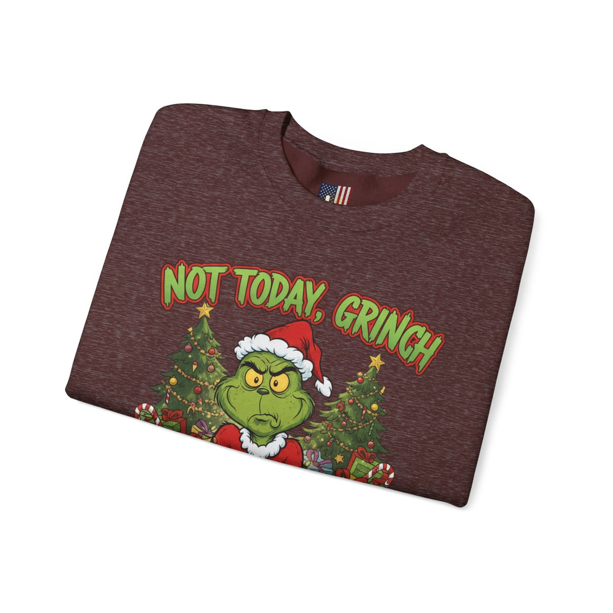 🎄 Not Today, Grinch – Jesus Saves | Funny Christian Christmas Sweatshirt | Sulking Grinch & Glowing Cross | Bold Neon Faith Tee by Uplifted Gear Printify