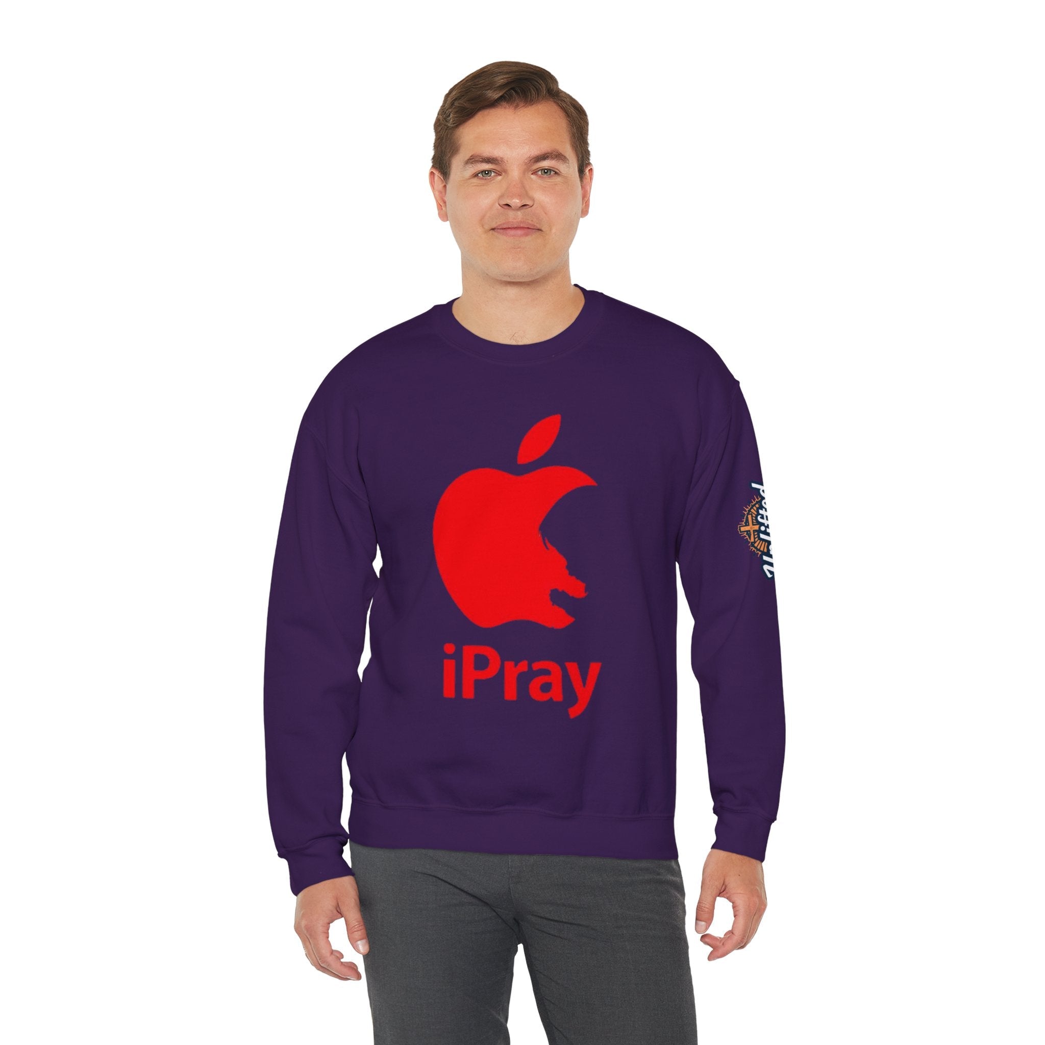 iPray Apple Logo Sweatshirt — Funny Christian Sweatshirt (Minimal Red Apple Graphic) Printify
