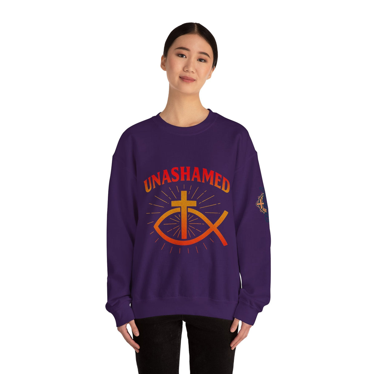 Unashamed Sweatshirt – Ichthys Jesus Fish & Cross Christian Sweatshirt for Romans 1:16 Bold Faith Printify