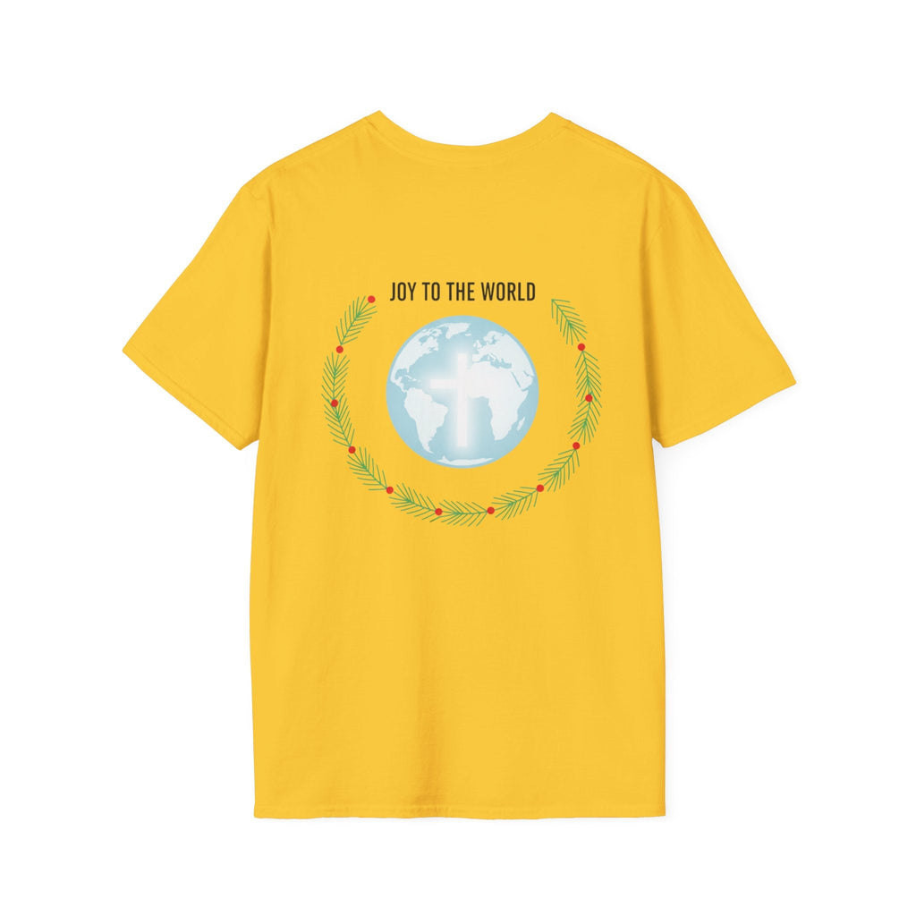 Joy to the World T-shirt – Wreath Earth Nativity Christian Christmas T-shirt for Isaiah 9:6 Holiday Faith & Festive Joy Printify