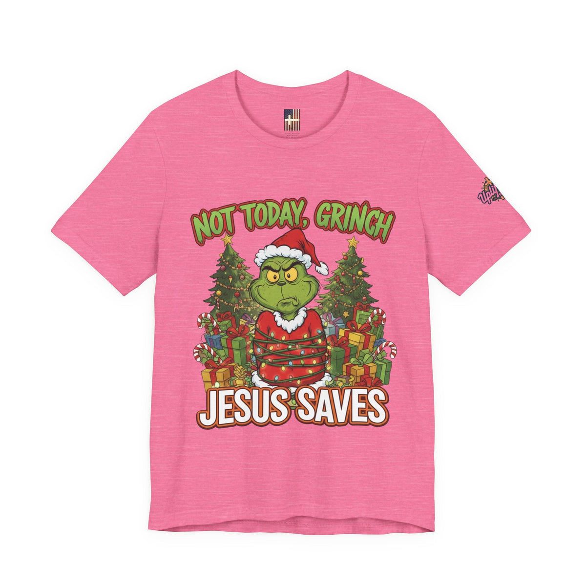 🎄 Not Today, Grinch – Jesus Saves | Funny Christian Christmas T-Shirt | Sulking Grinch & Glowing Cross | Bold Neon Faith Tee by Uplifted Gear Printify