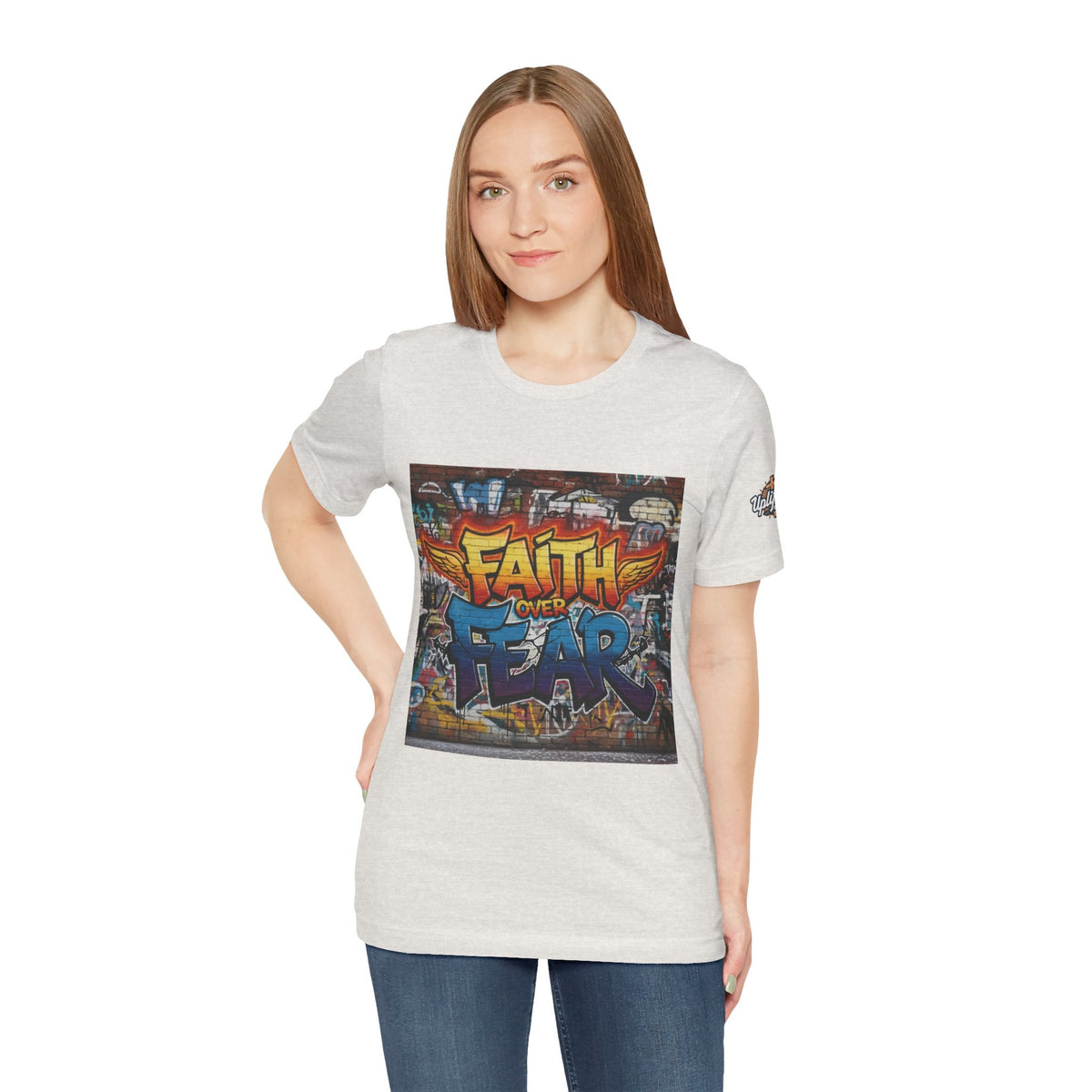 Faith Over Fear T-shirt – Graffiti Wall Christian T-shirt for Bold 2 Corinthians 5:7 Streetwear & Unshakable Faith Printify