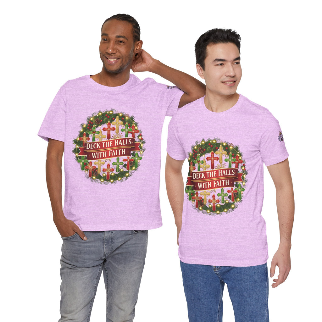 🎄 Deck the Halls with Faith – Christian Christmas T-Shirt | Cross Ornament Design & Festive Garland | Bold Holiday Faith Tee by Uplifted Gear Printify
