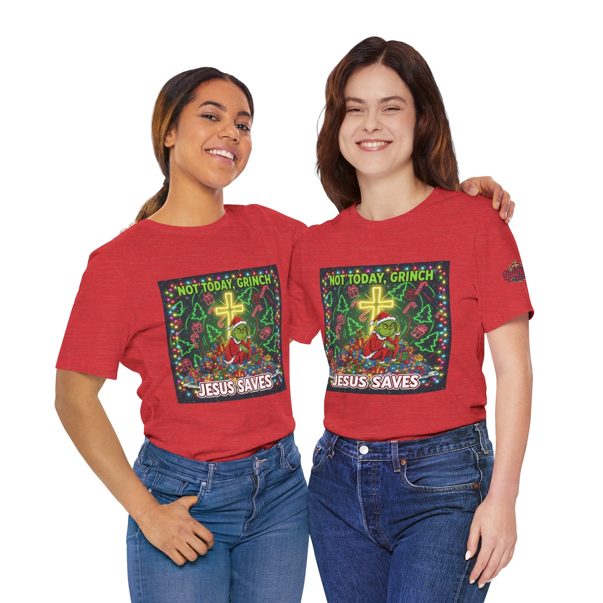 🎄 Not Today, Grinch – Jesus Saves | Funny Christian Christmas T-Shirt | Festive Green & Red Cartoon Style | Bold Faith Holiday Tee by Uplifted Gear Printify