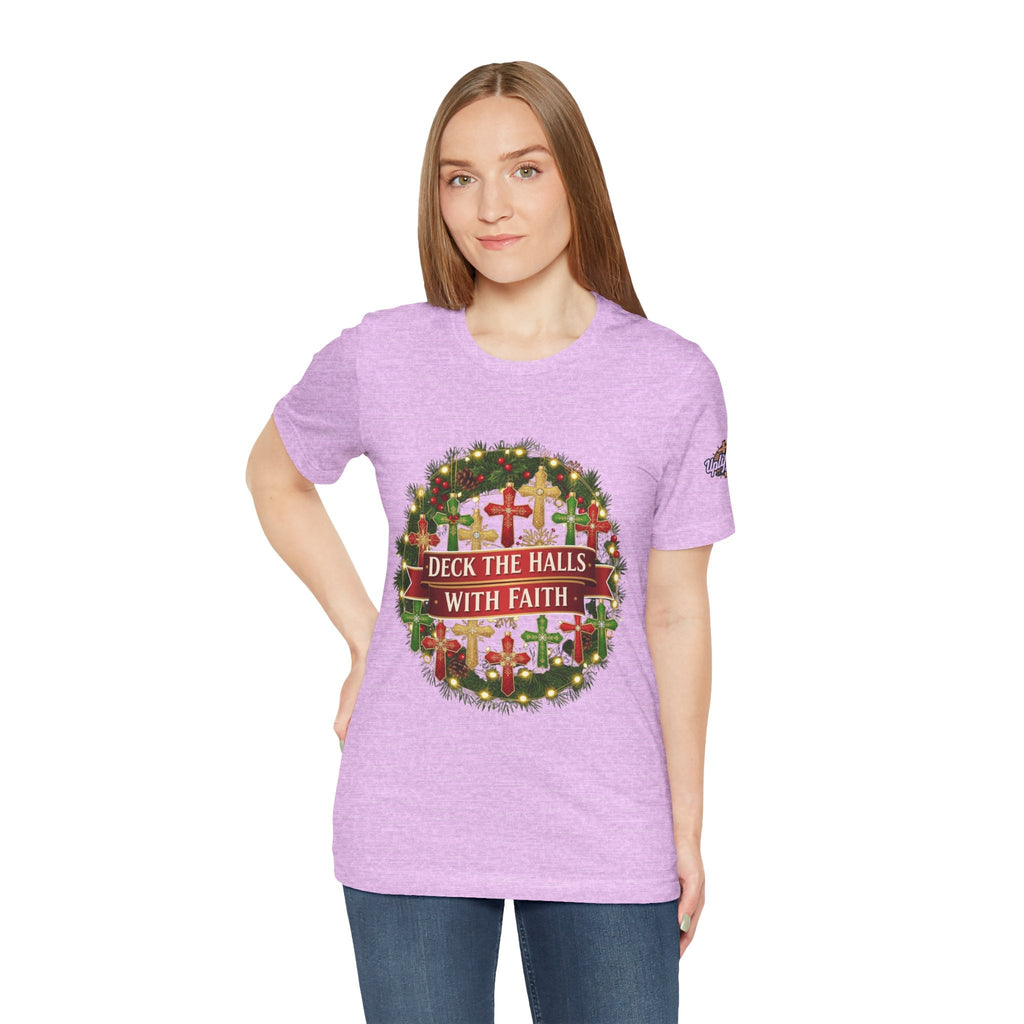 🎄 Deck the Halls with Faith – Christian Christmas T-Shirt | Cross Ornament Design & Festive Garland | Bold Holiday Faith Tee by Uplifted Gear Printify