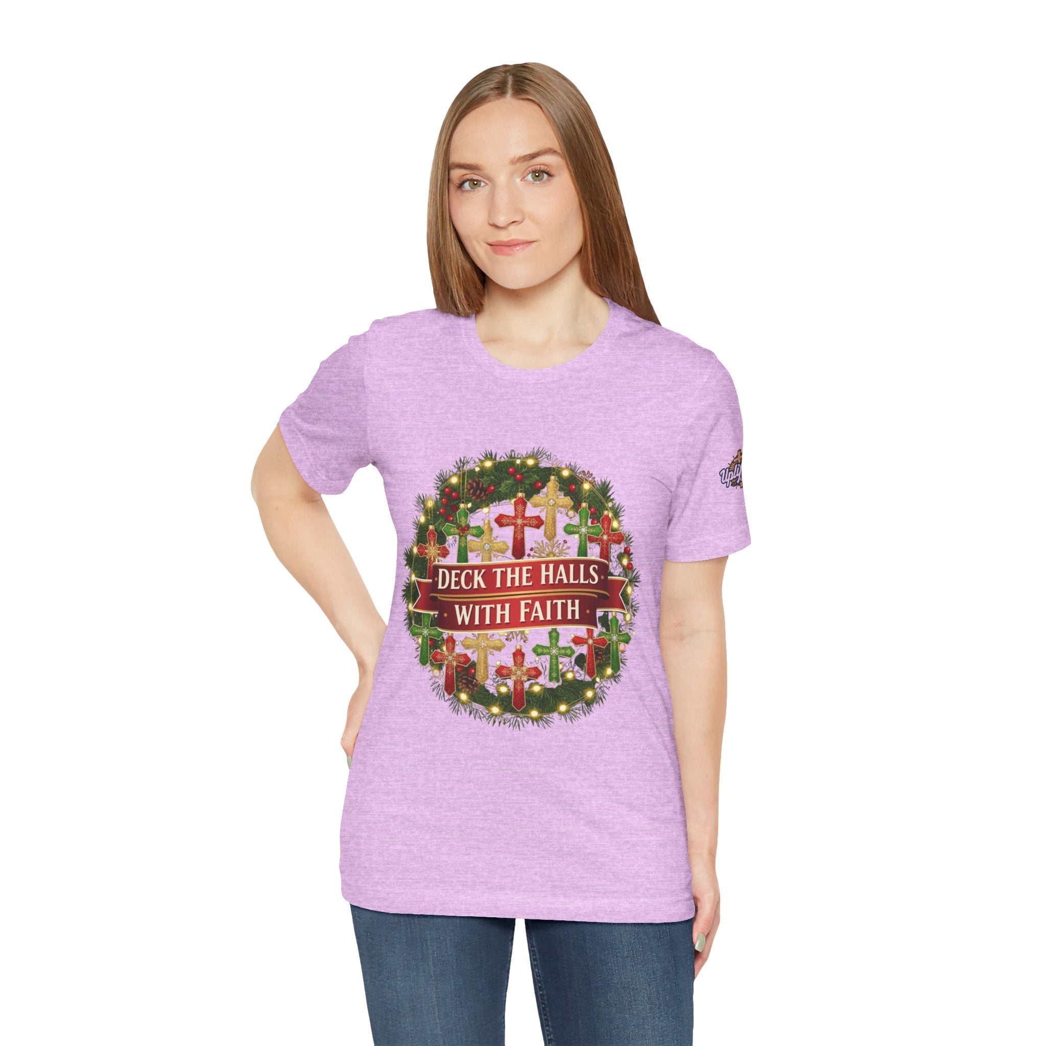 🎄 Deck the Halls with Faith – Christian Christmas T-Shirt | Cross Ornament Design & Festive Garland | Bold Holiday Faith Tee by Uplifted Gear Printify
