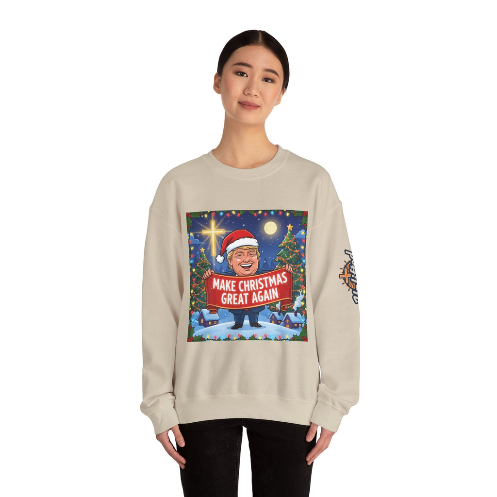 🎄 Make Christmas Great Again – Patriotic Christian Christmas Sweatshirt | Bold Holiday Faith Tee | Red & White Banner Design | Uplifted Gear Printify