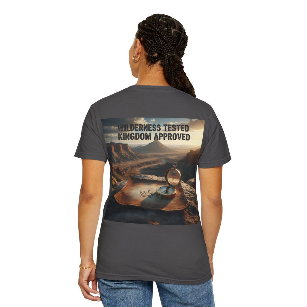 Wilderness Tested Kingdom Approved T-shirt – Mountain Desert Compass Crown Christian T-shirt for Biblical Adventure Faith Printify
