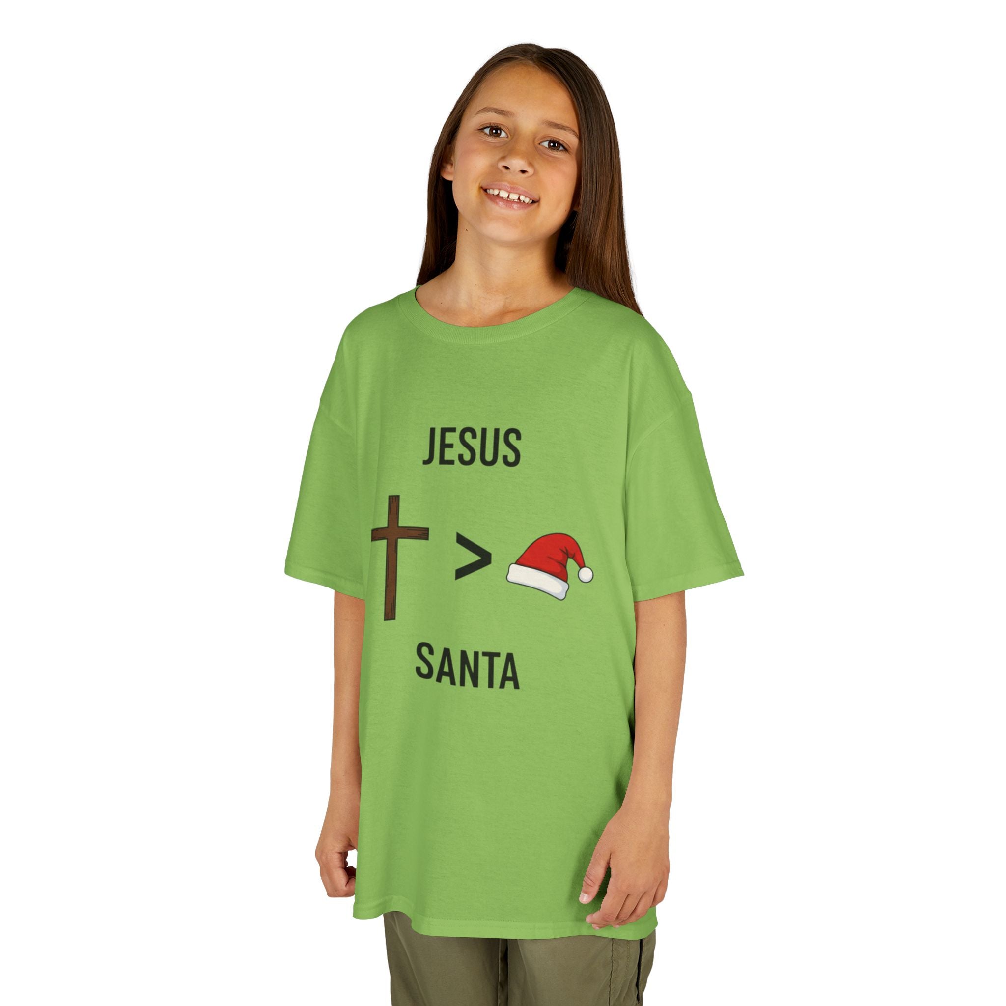 🎄 Jesus > Santa – Minimalist Christian Christmas Kids T-Shirt | Bold Faith Over Holiday Tee | Cross vs Santa Hat Design | Uplifted Gear Printify