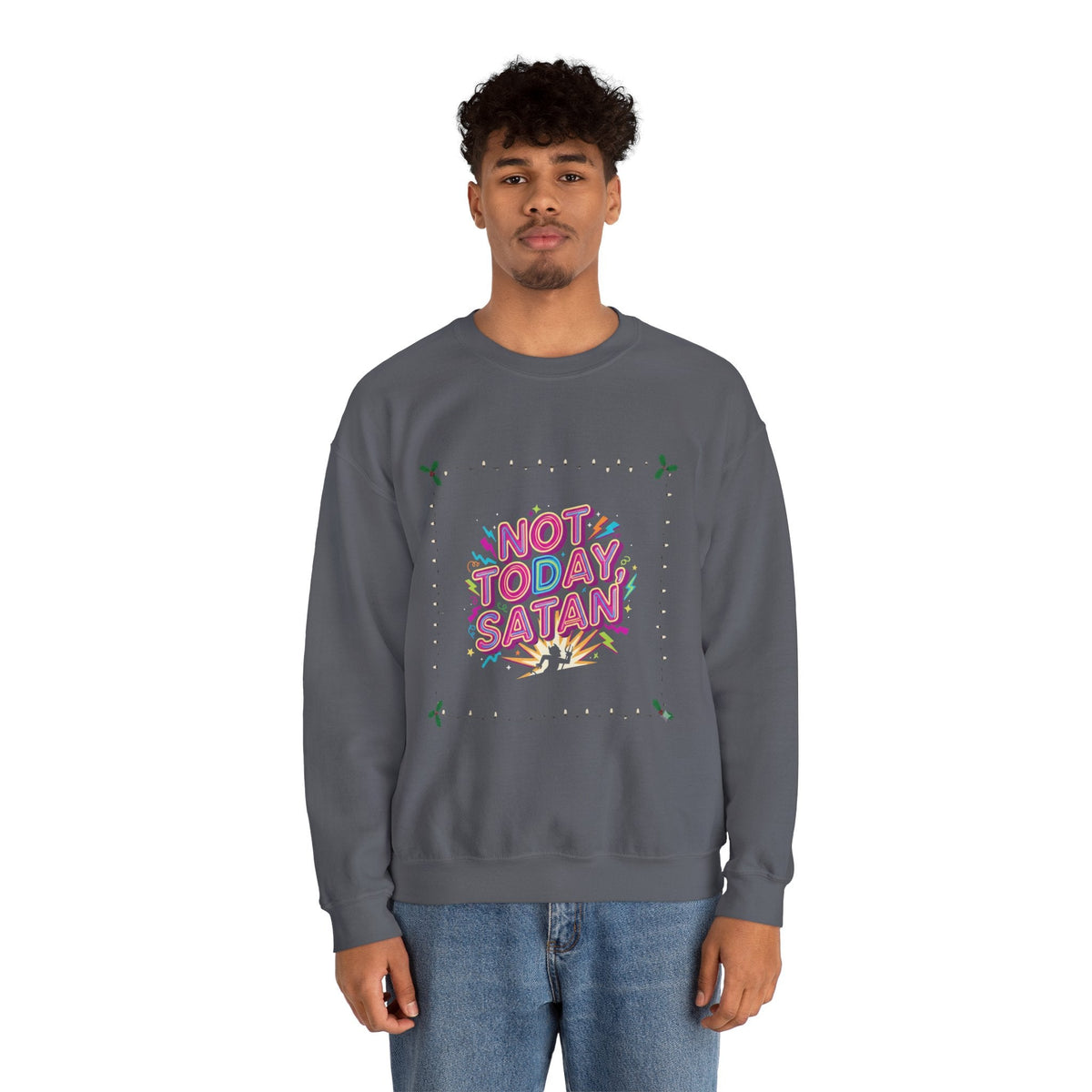 🔥 Not Today, Satan – Retro 90s Christian Sweatshirt | Neon Faith Tee | Funky Cartoon Devil | Bold Bible Verse Shirt | Uplifted Gear Printify