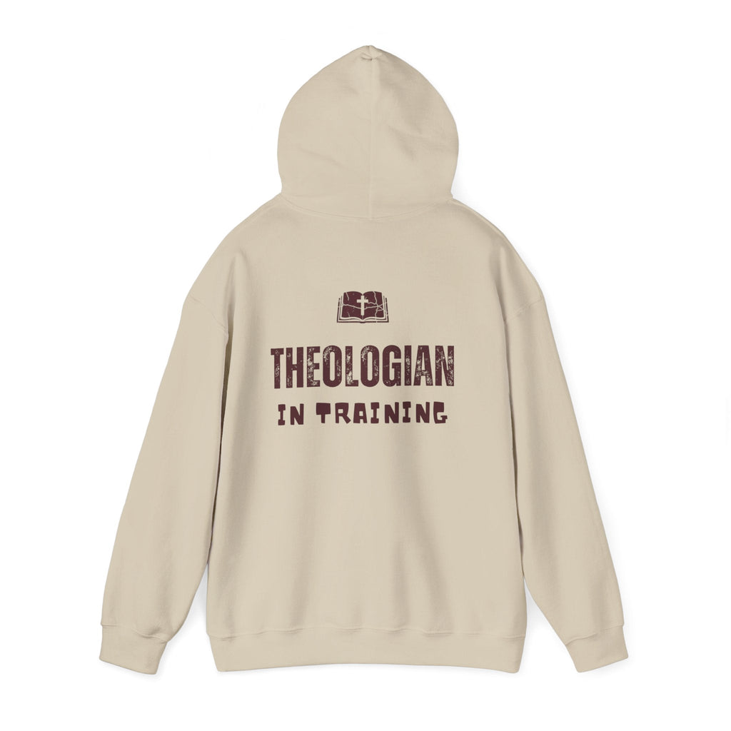 Theologian in Training Hoodie – Open Bible & Cross Christian Hoodie for Faithful Growth Printify