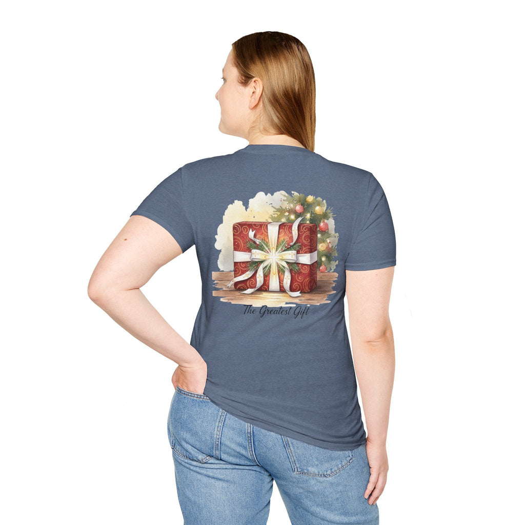 The Greatest Gift T-shirt – Cross Bow Present Christian T-shirt for Christmas Salvation & Eternal Faith Printify
