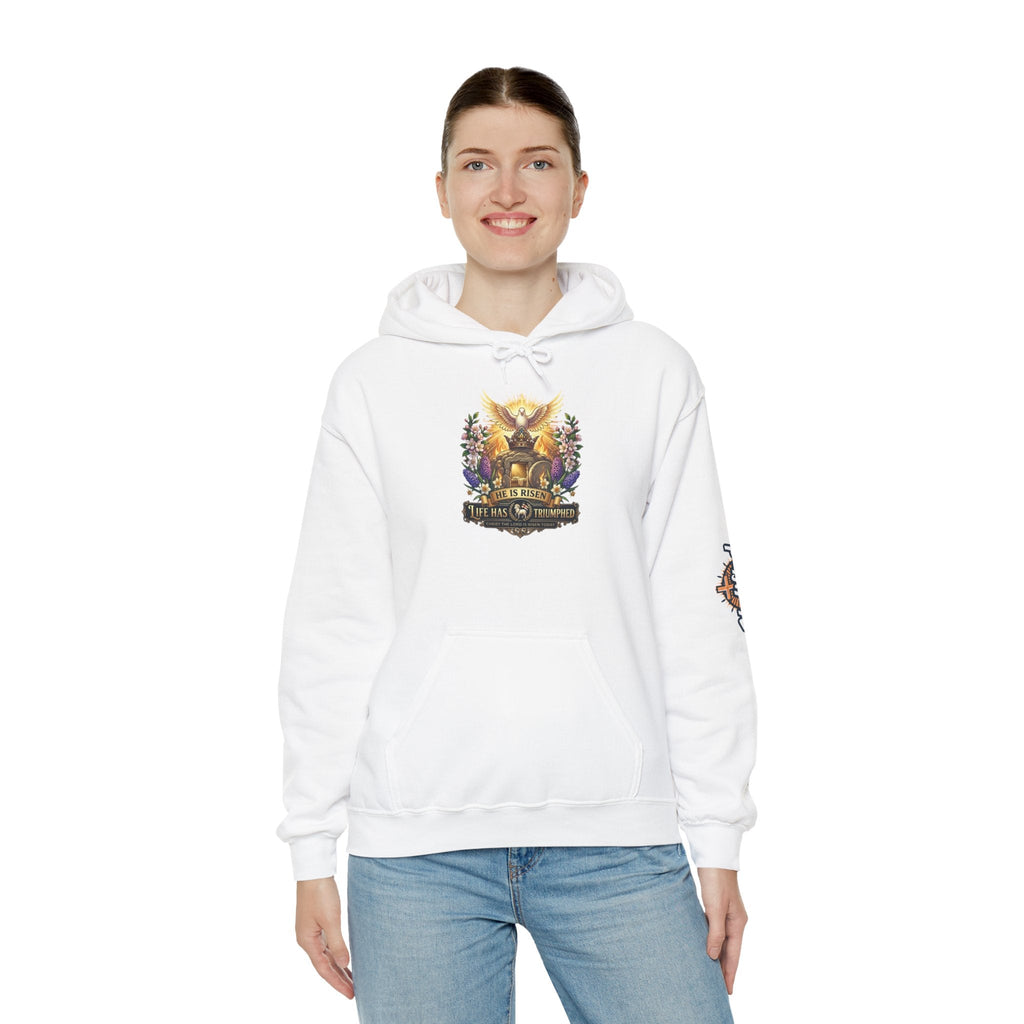 He Is Risen "Life Has Triumphed" Hoodie — Easter Resurrection Christian Hoodie Printify