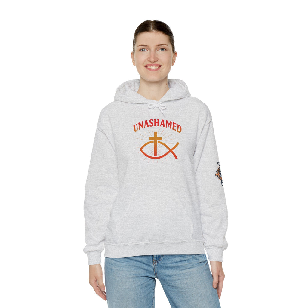 Unashamed Hoodie – Ichthys Jesus Fish & Cross Christian Sweatshirt for Romans 1:16 Bold Faith Printify