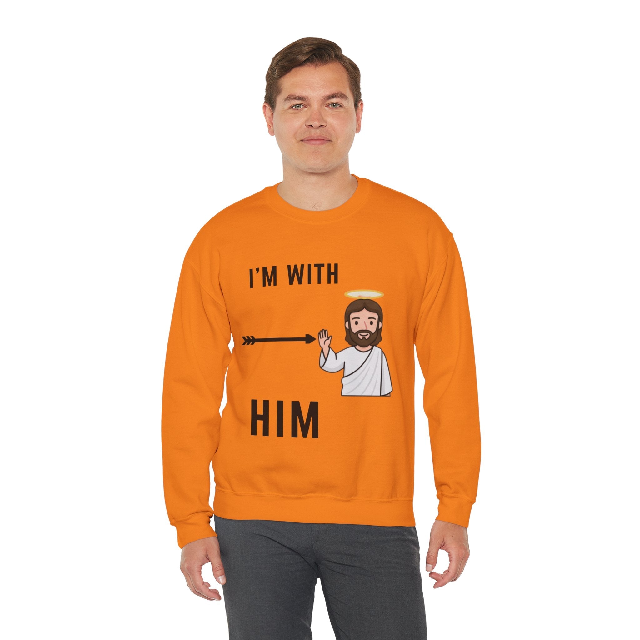 🔥 I’m With Him → Christian Sweatshirt | Arrow Pointing to Jesus | Minimalist Faith Tee | Subtle Cross Design | Bible-Inspired Apparel by Uplifted Gear Printify