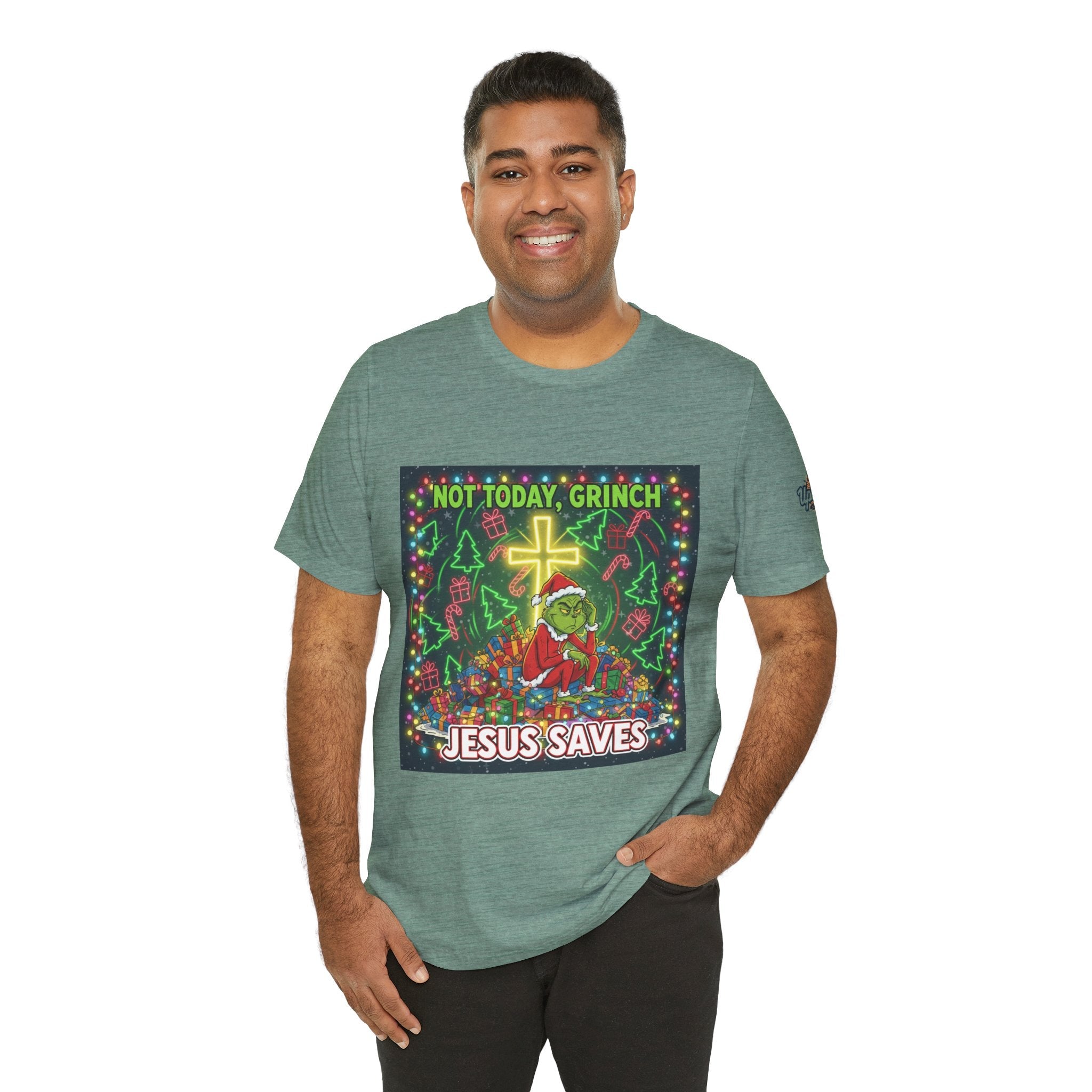 🎄 Not Today, Grinch – Jesus Saves | Funny Christian Christmas T-Shirt | Festive Green & Red Cartoon Style | Bold Faith Holiday Tee by Uplifted Gear Printify