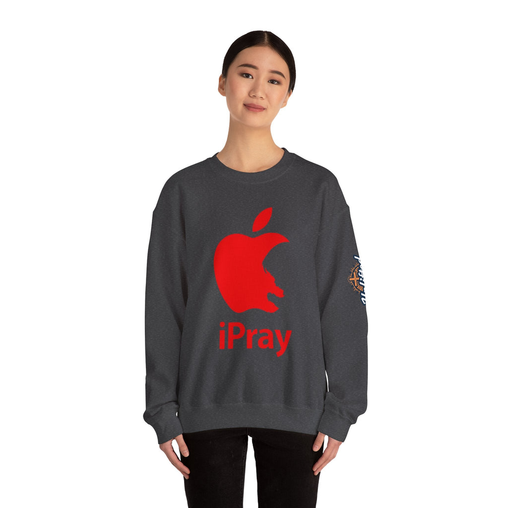 iPray Apple Logo Sweatshirt — Funny Christian Sweatshirt (Minimal Red Apple Graphic) Printify