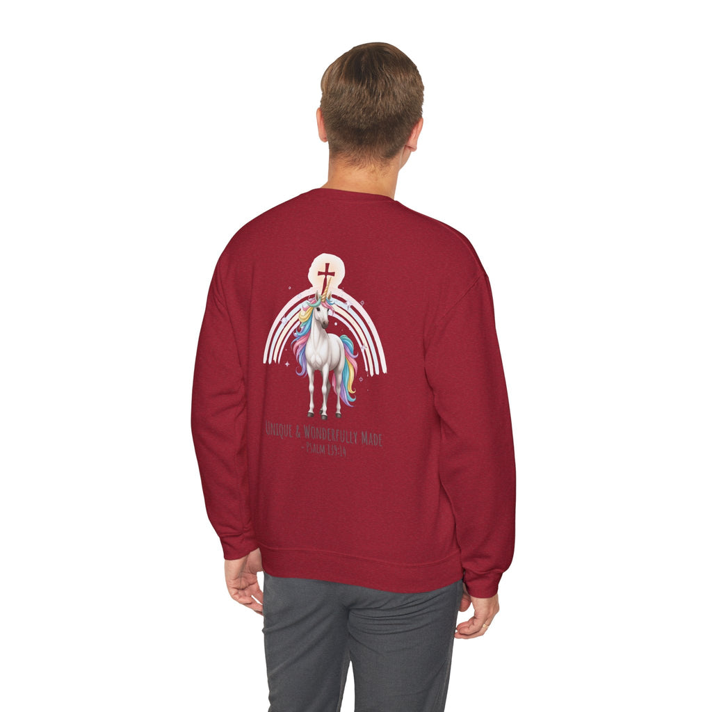 Unique Unicorn Sweatshirt – Rainbow Cross Psalm 139:14 Christian Sweatshirt for Wonderfully Made Printify
