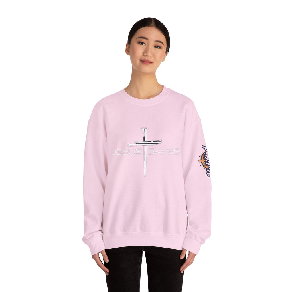 Jesus Saves Sweatshirt – 3 Nails Crucifix Cross Christian Sweatshirt for Redemption Faith & Bold Salvation Printify