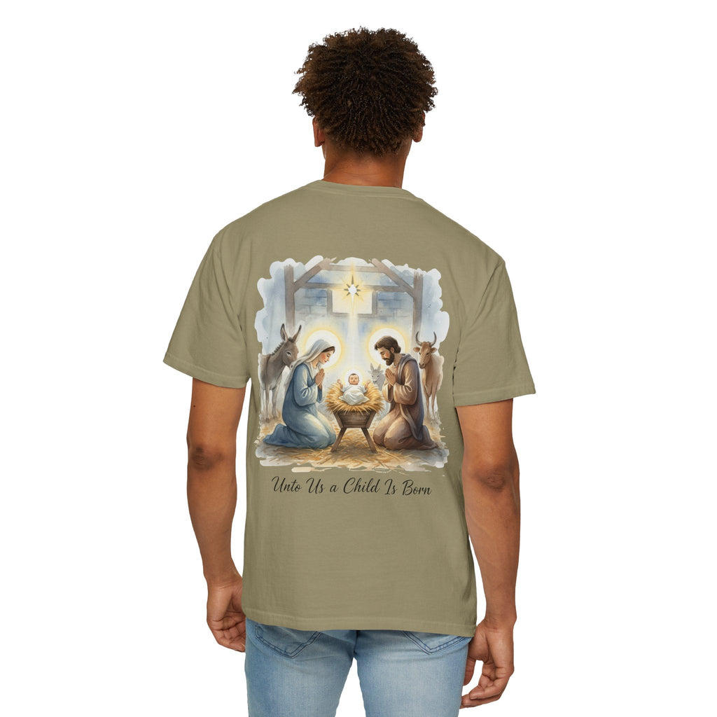 Unto Us a Child is Born T-shirt – Isaiah 9:6 Nativity Manger Scene Christian Christmas T-shirt for Holy Night Faith Printify