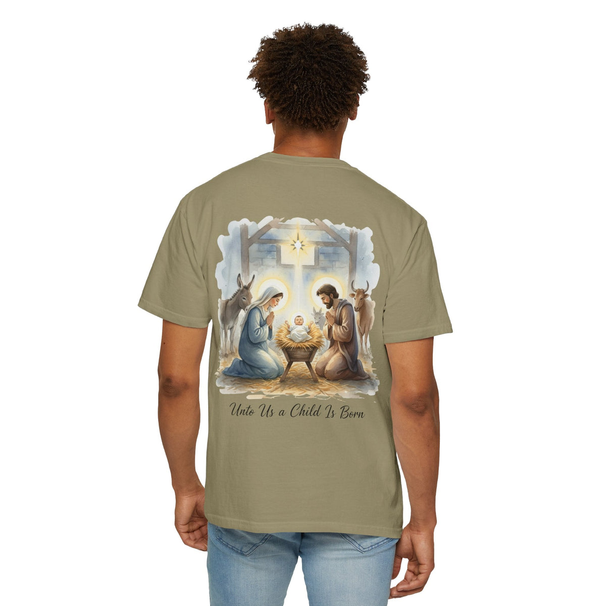 Unto Us a Child is Born T-shirt – Isaiah 9:6 Nativity Manger Scene Christian Christmas T-shirt for Holy Night Faith Printify