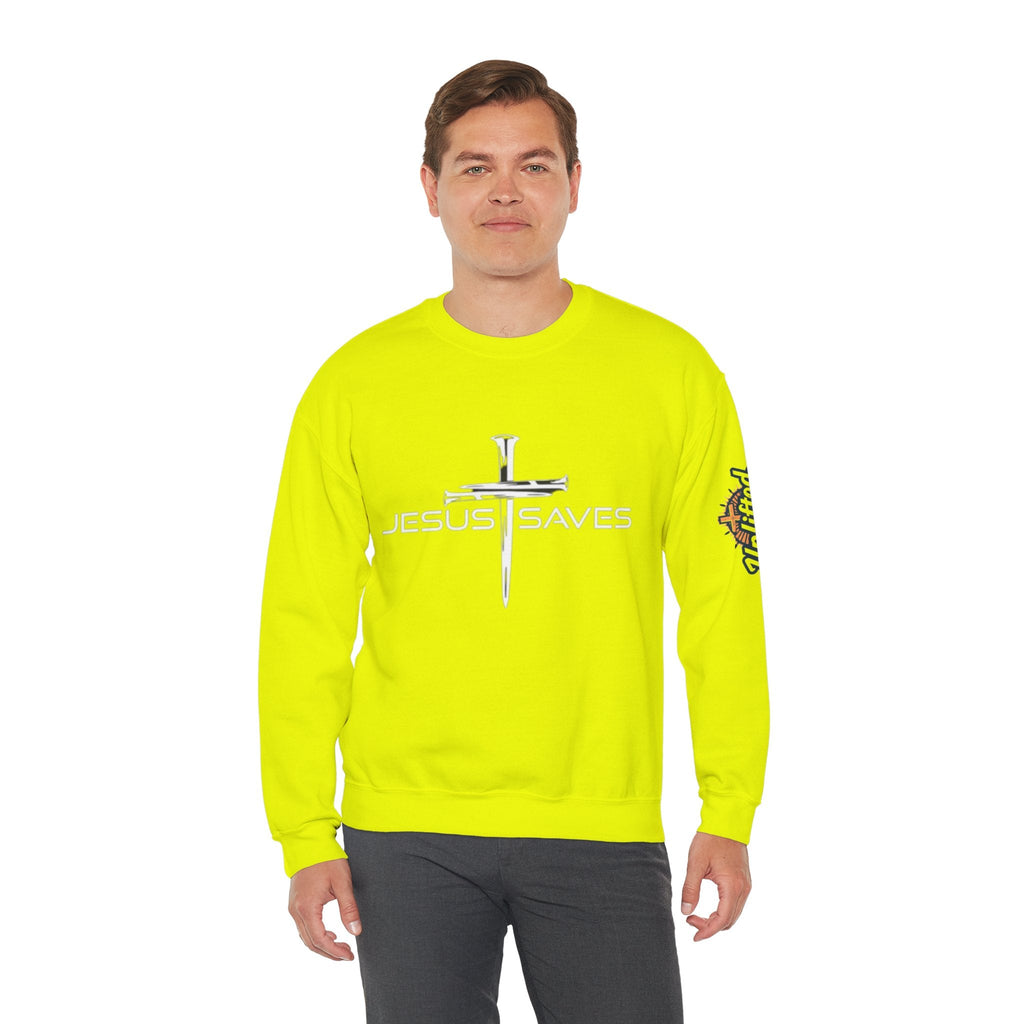 Jesus Saves Sweatshirt – 3 Nails Crucifix Cross Christian Sweatshirt for Redemption Faith & Bold Salvation Printify