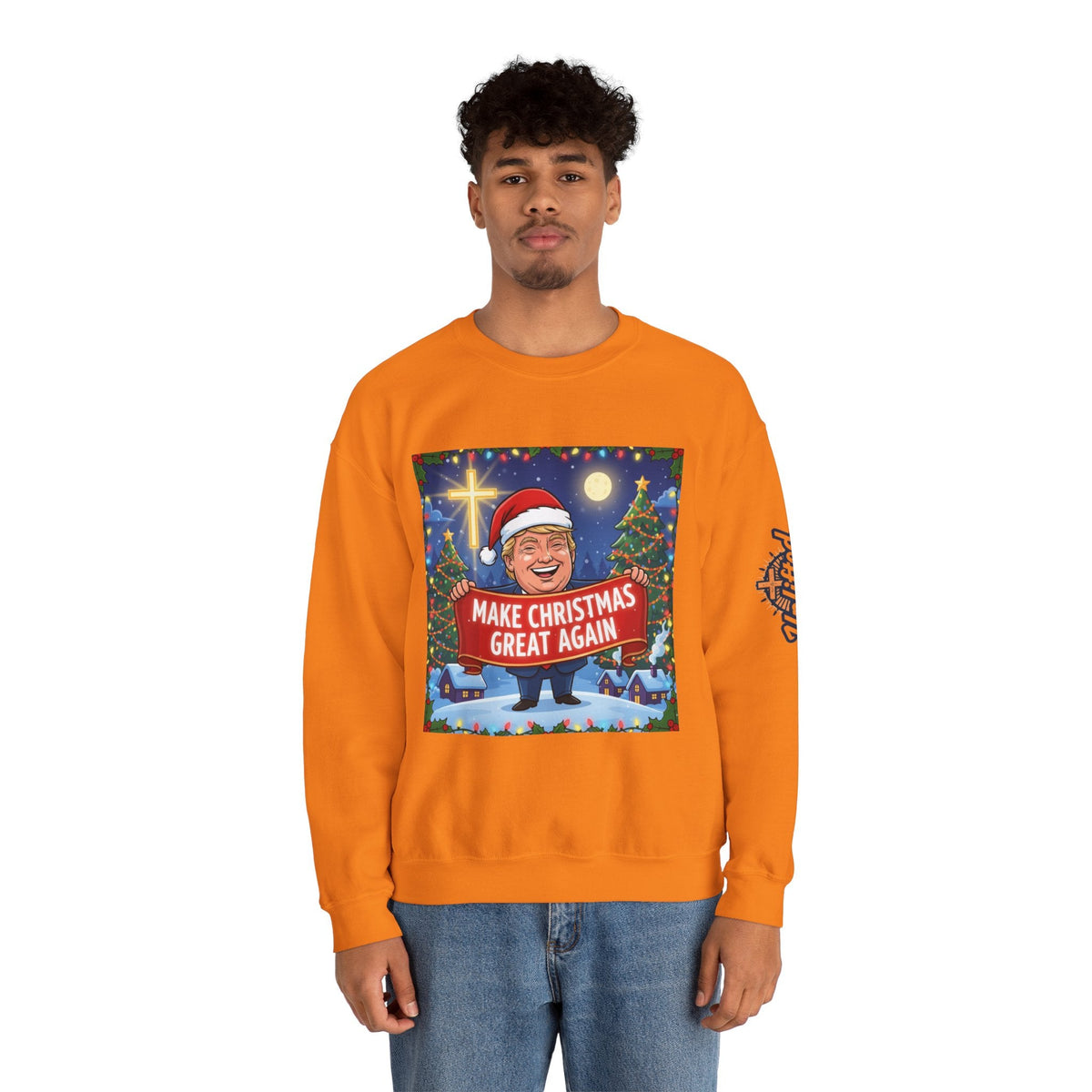 🎄 Make Christmas Great Again – Patriotic Christian Christmas Sweatshirt | Bold Holiday Faith Tee | Red & White Banner Design | Uplifted Gear Printify