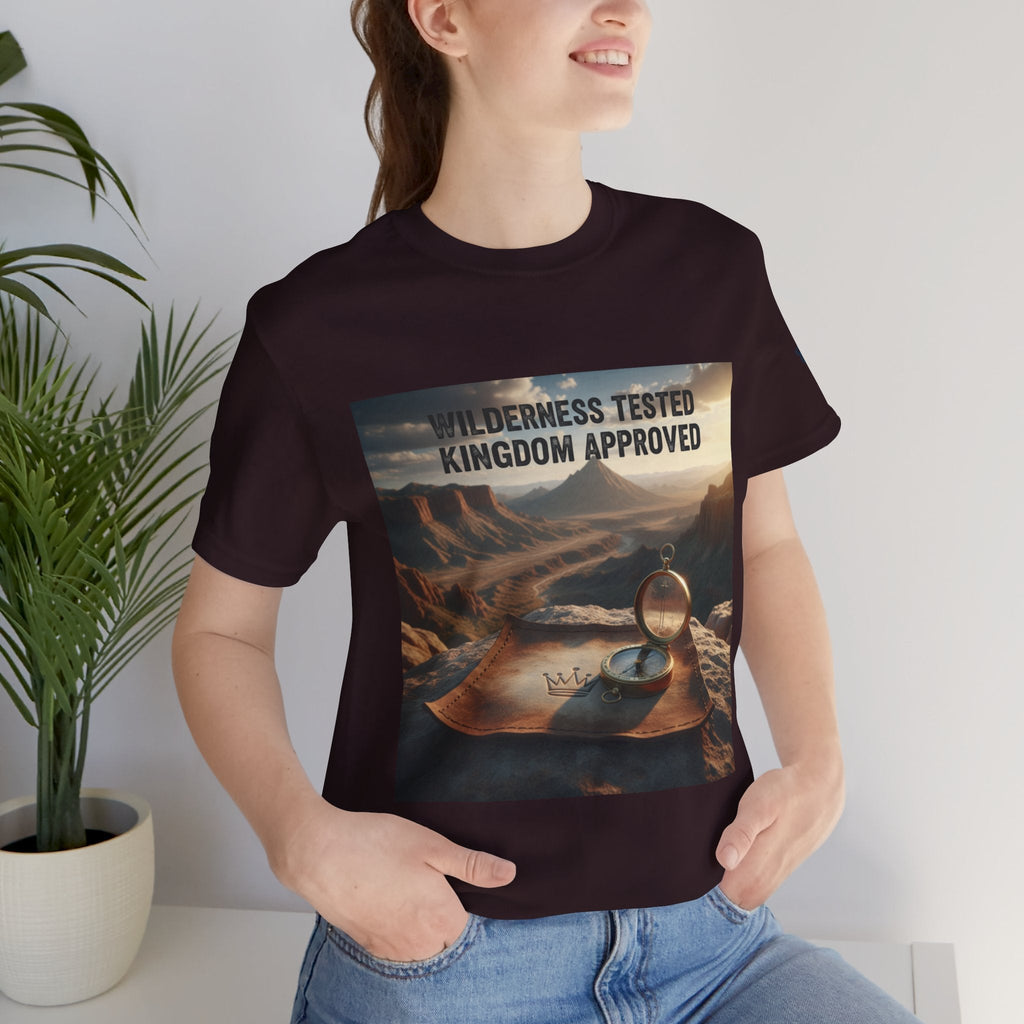 Wilderness Tested Kingdom Approved T-shirt – Mountain Desert Compass Crown Christian T-shirt for Biblical Adventure Faith Printify