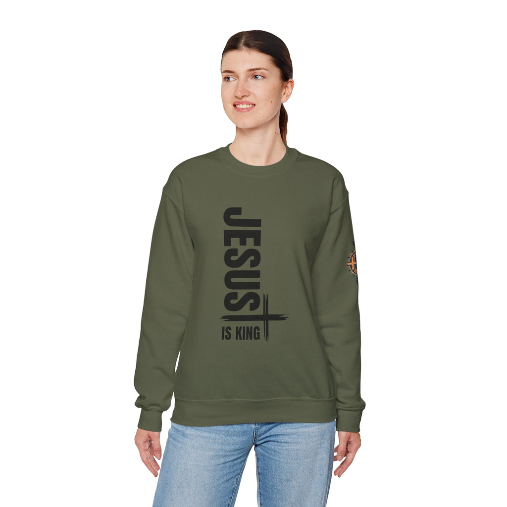 Jesus Is King Sweatshirt | Modern Typographic Cross Christian Sweatshirt Printify