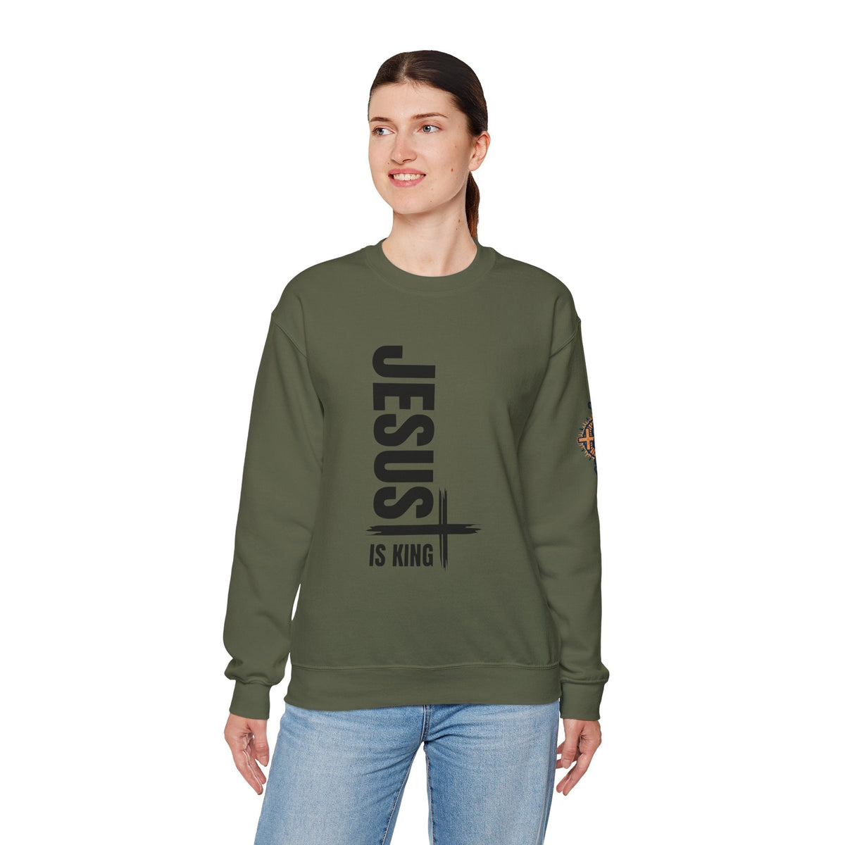 Jesus Is King Sweatshirt | Modern Typographic Cross Christian Sweatshirt Printify