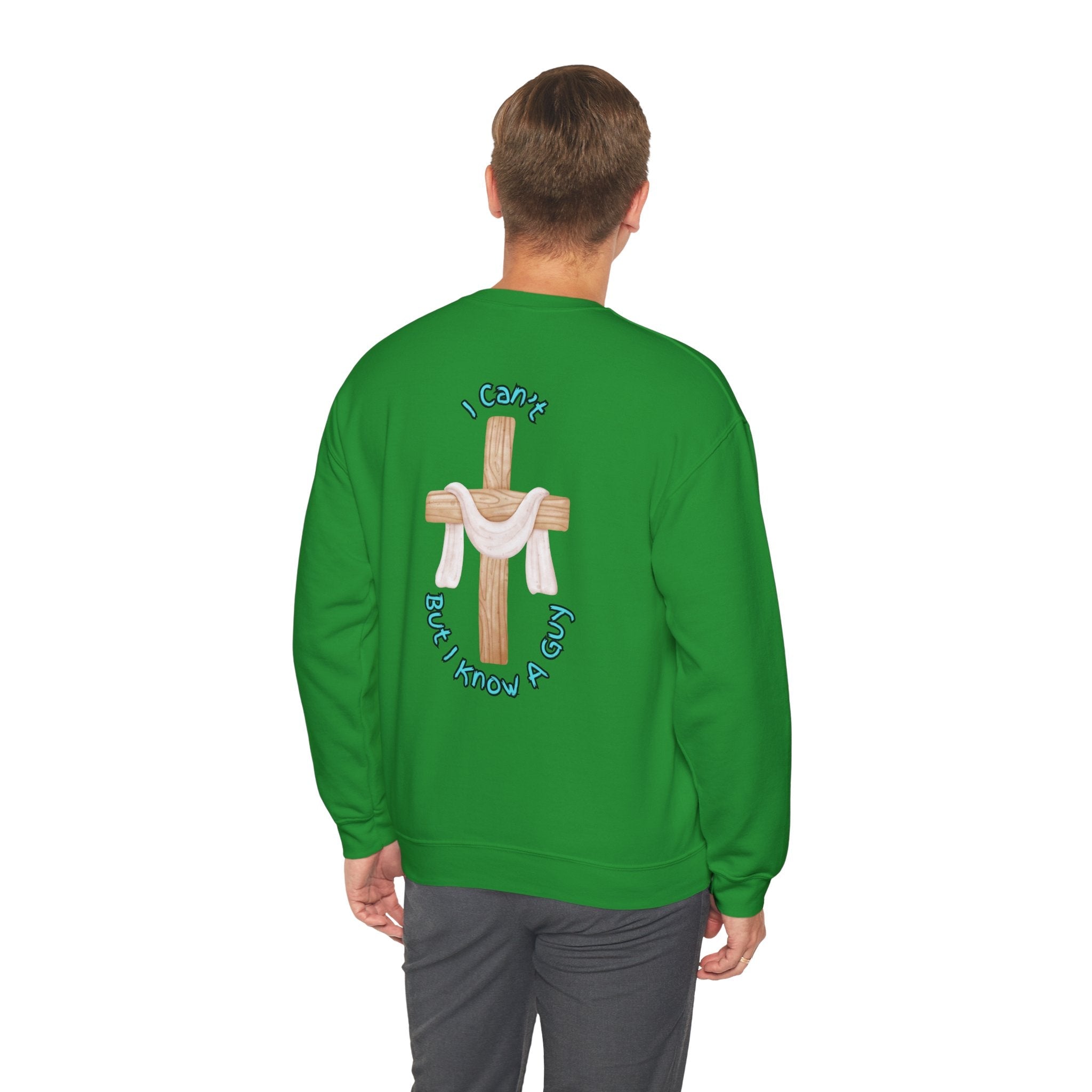 I Can’t, But I Know a Guy Sweatshirt – Jesus Cross Christian Sweatshirt for Cozy Faith Printify